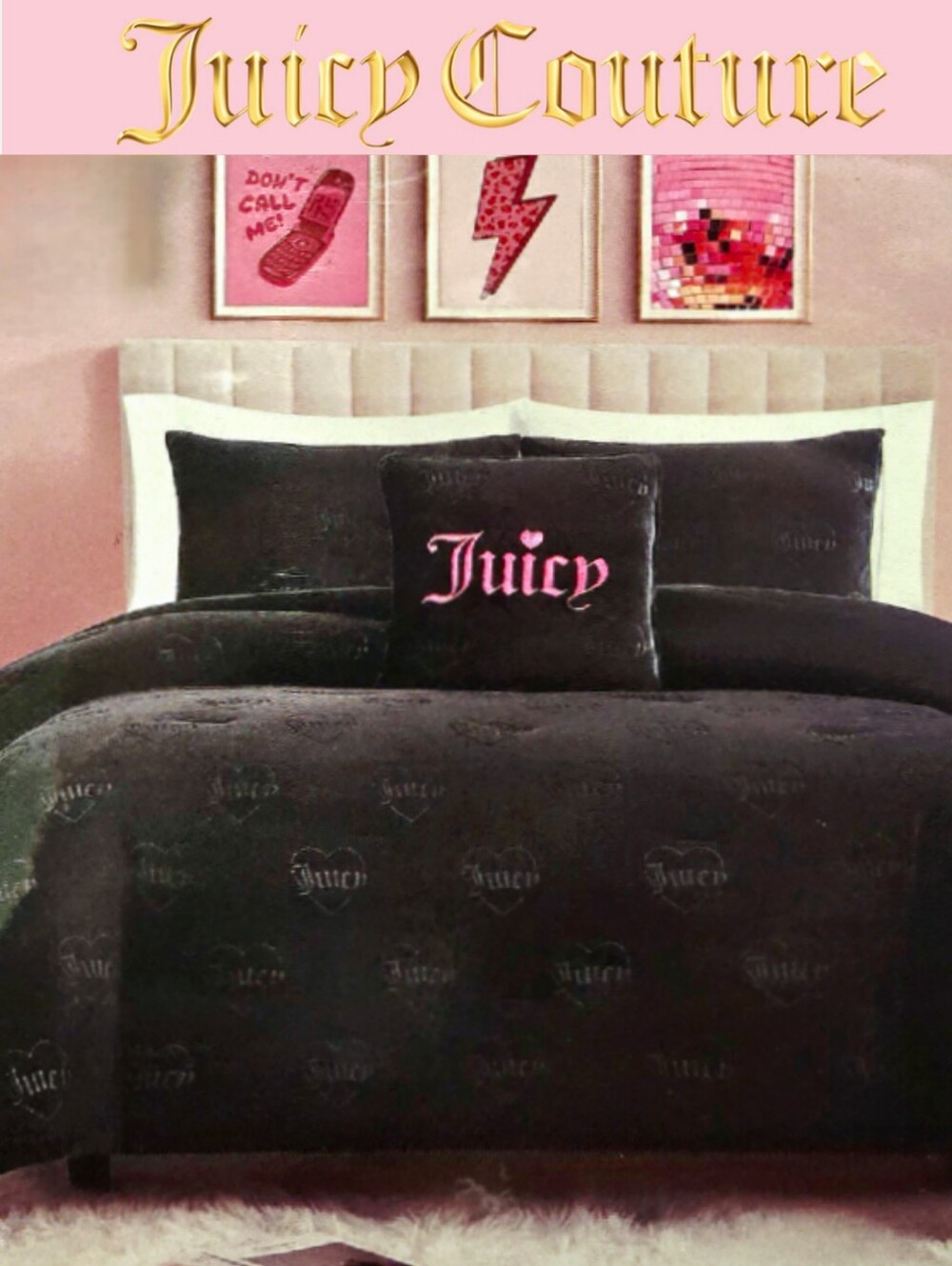 Juicy Couture Home Juicy Heart Logo Embrodried Plush Queen Comforter Set